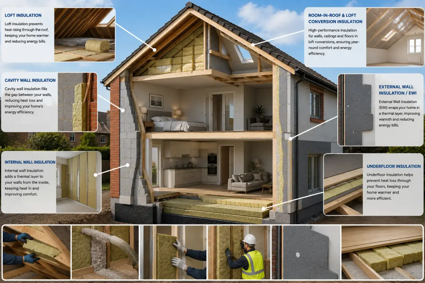 Professional insulation installer working on a residential property